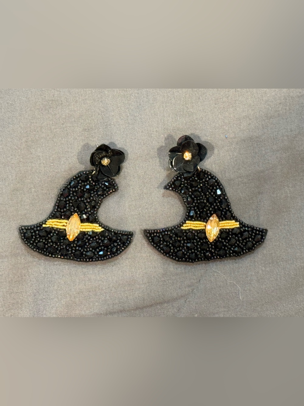 Halloween, Black Beaded Witches Hat Earrings with Gold Accent